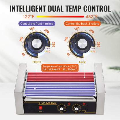 Hot Dog Roller with 7 rollers and 18-dog capacity, 4 red and 3 blue rollers, dual temp control on Tampa Home & Garden Store