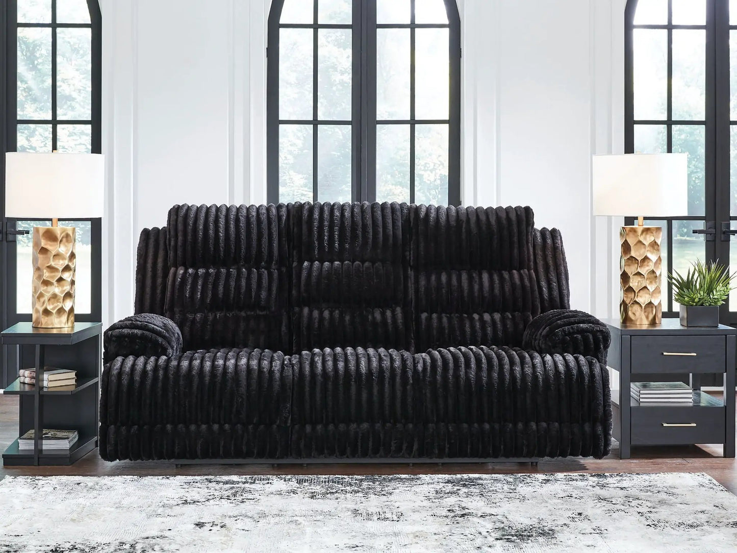 Rhine Falls reclining power sofa in onyx black with plush ribbed upholstery on Tampa Home & Garden Store