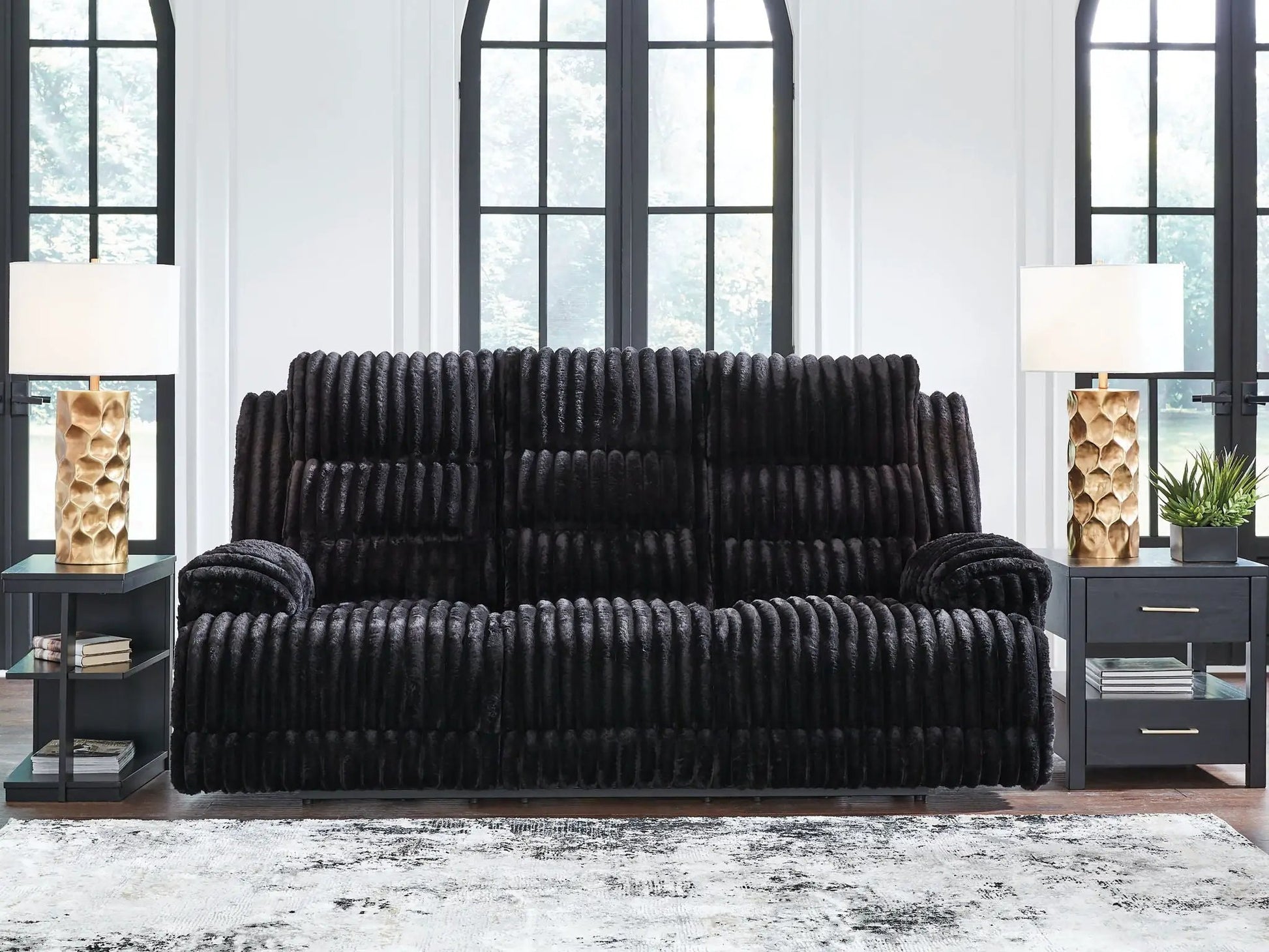 Rhine Falls reclining power sofa in onyx black with plush ribbed upholstery on Tampa Home & Garden Store