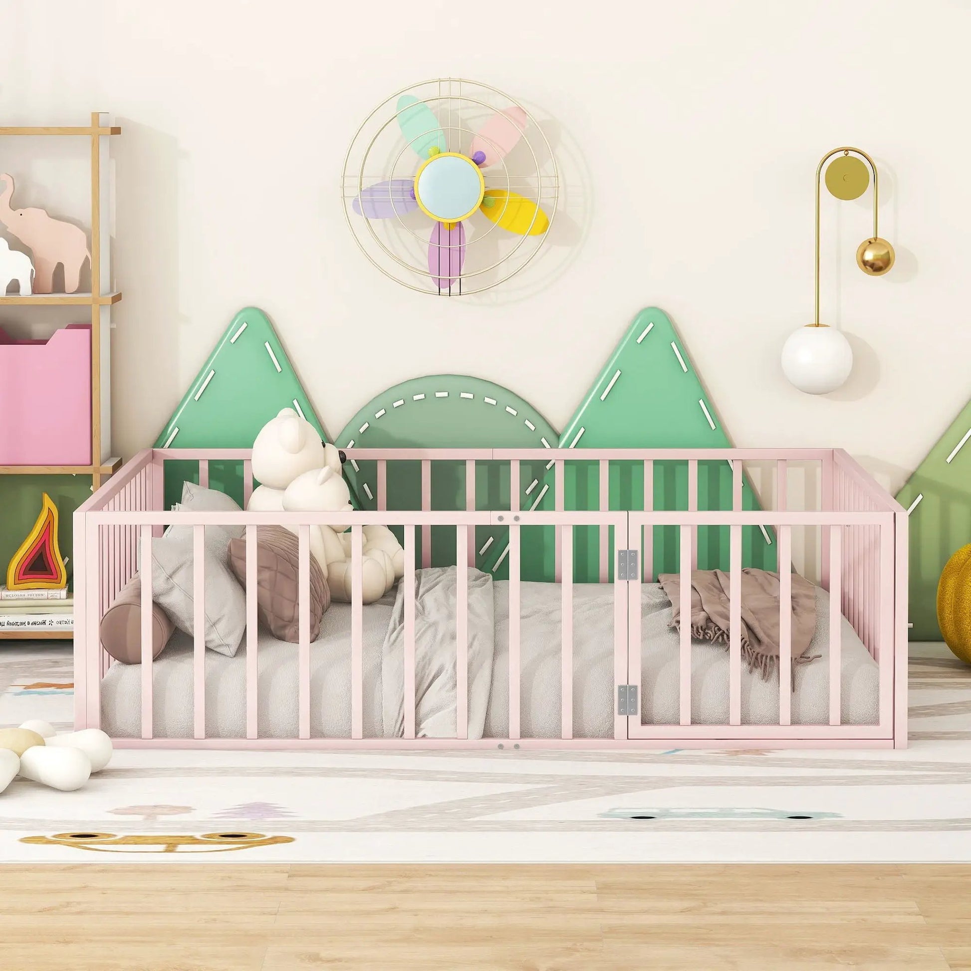 Metal floor bed frame with fence and door, pink finish, Unique Piece Furniture panel bed on Tampa Home & Garden Store