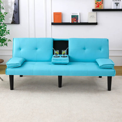 Sofa bed futon with foldable design and cup holders, turquoise upholstery, black legs on Tampa Home & Garden Store