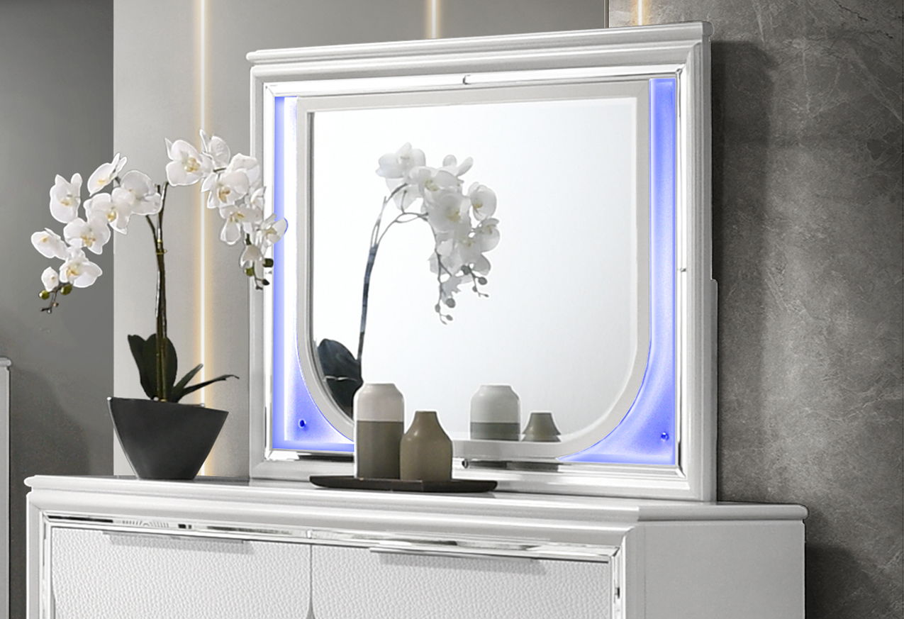 Tarian Mirror With LED - White by HouseOfZazla, blue side LED lighting on a white console on Tampa Home & Garden Store