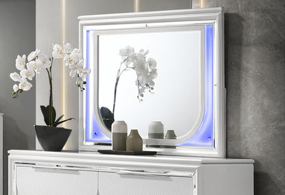 Tarian Mirror With LED - White by HouseOfZazla, blue side LED lighting on a white console on Tampa Home & Garden Store