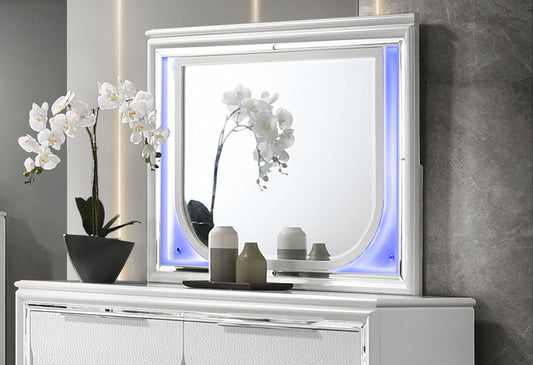 Tarian Mirror With LED - White by HouseOfZazla, blue side LED lighting on a white console on Tampa Home & Garden Store