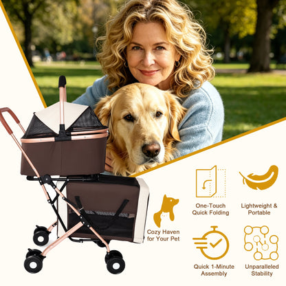 Double Pet Stroller for Dogs and Cats by HouseOfZazla, rose-gold frame with brown fabric basket on Tampa Home & Garden Store