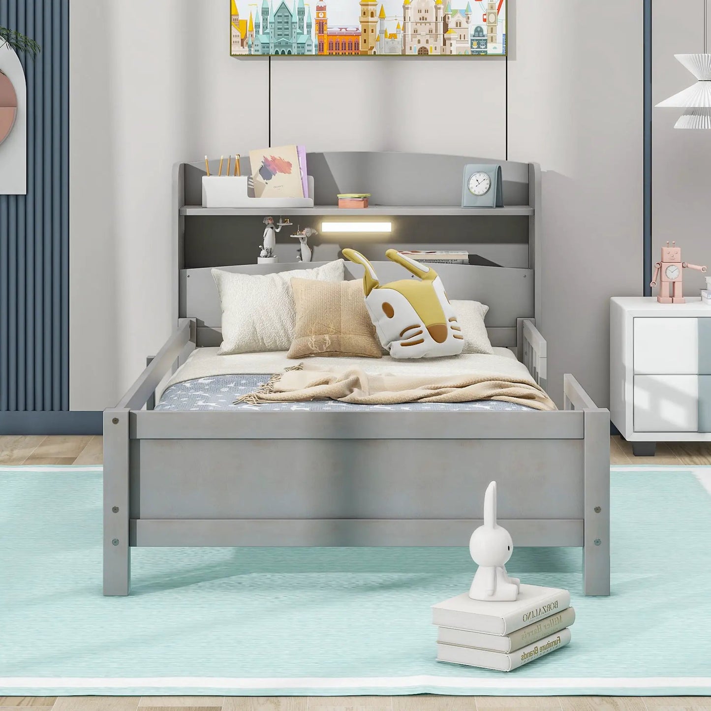 Wood Platform Bed With Led Light and Guardrail