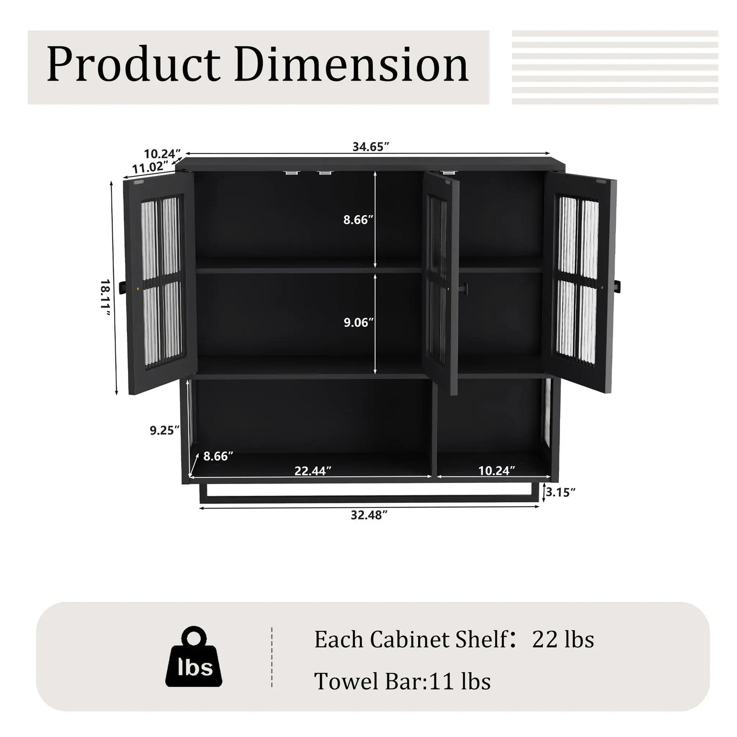 3-Door Wall Cabinet with Glass Doors & Towel Bar, black finish, Unique Piece Furniture on Tampa Home & Garden Store