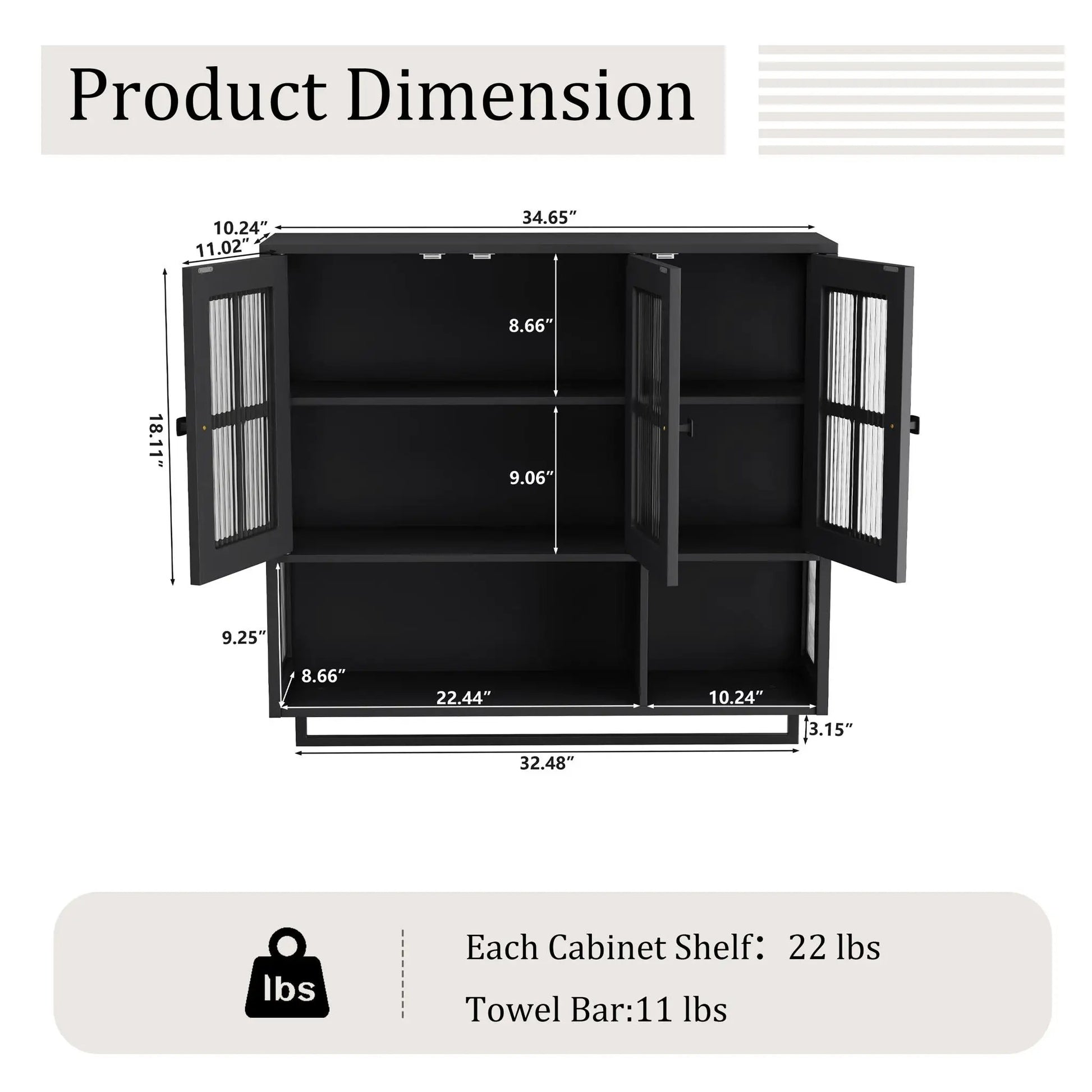 3-Door Wall Cabinet with Glass Doors & Towel Bar, black finish, Unique Piece Furniture on Tampa Home & Garden Store