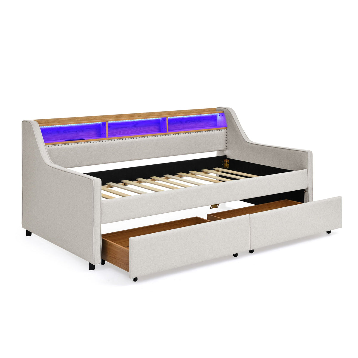 Twin beige upholstered sofa bed with LED lighting, storage drawers, wireless charging on Tampa Home & Garden Store