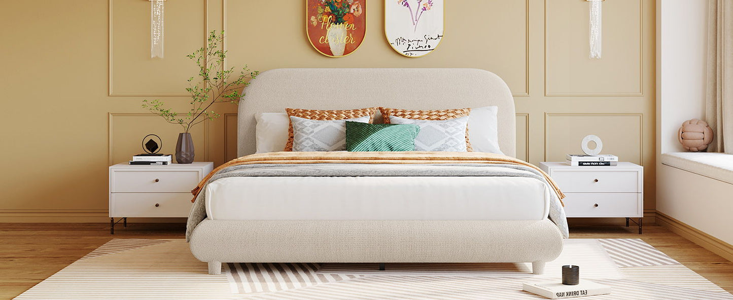 Upholstered Platform Bed with thick beige solid frame and curved headboard by HouseOfZazla on Tampa Home & Garden Store