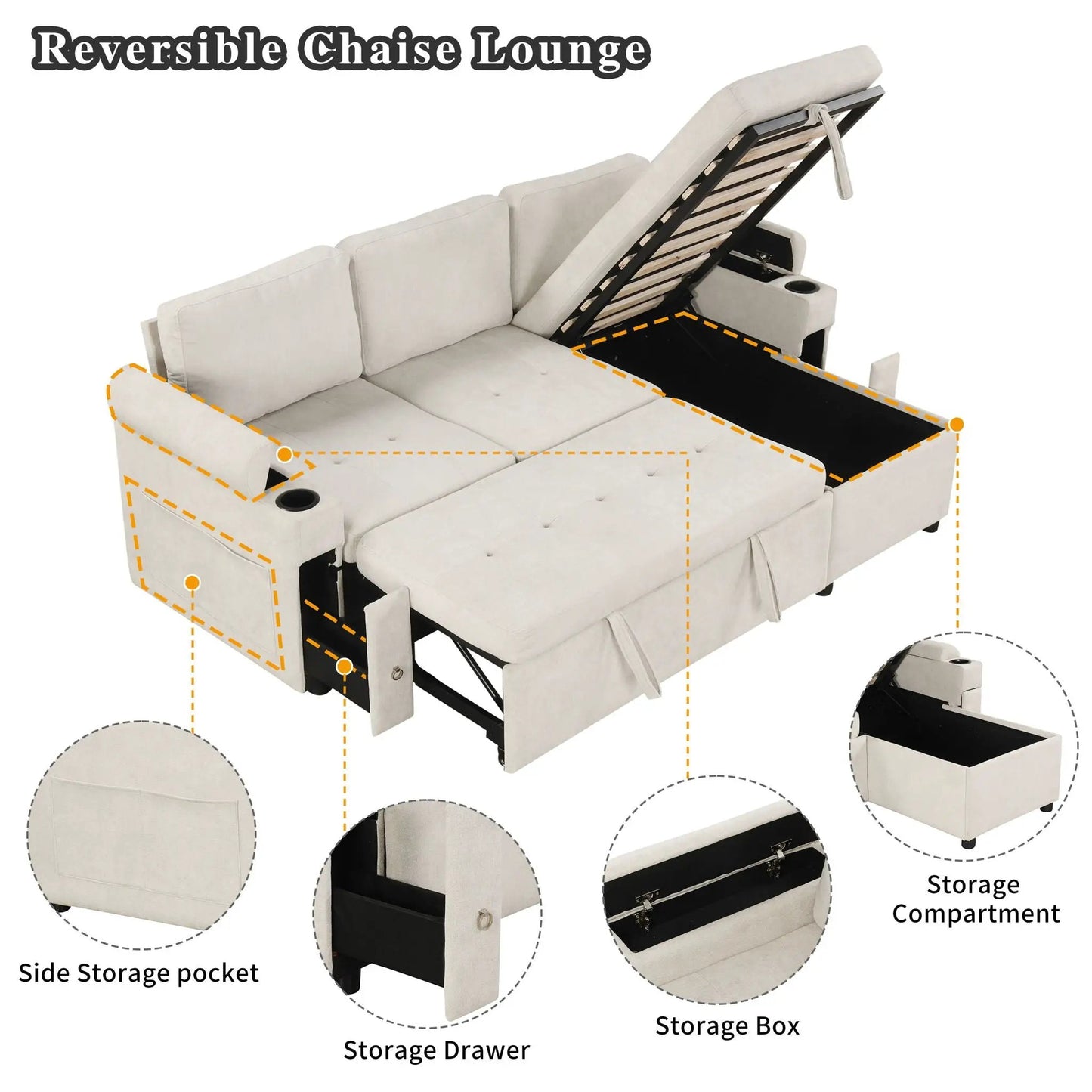 Convertible L-shaped sofa with storage, beige fabric, cup holders, USB ports on Tampa Home & Garden Store