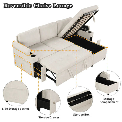 Convertible L-shaped sofa with storage, beige fabric, cup holders, USB ports on Tampa Home & Garden Store