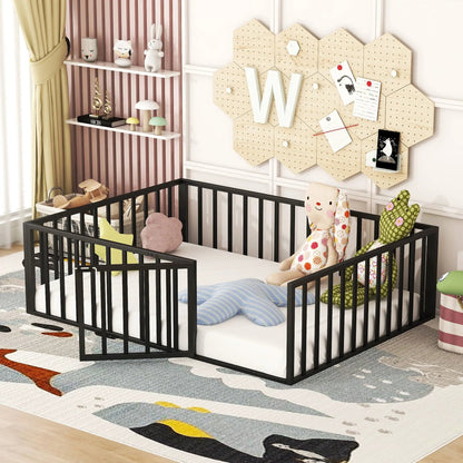 Three black metal floor bed frames with fences and doors, white mattresses in a bright nursery on Tampa Home & Garden Store