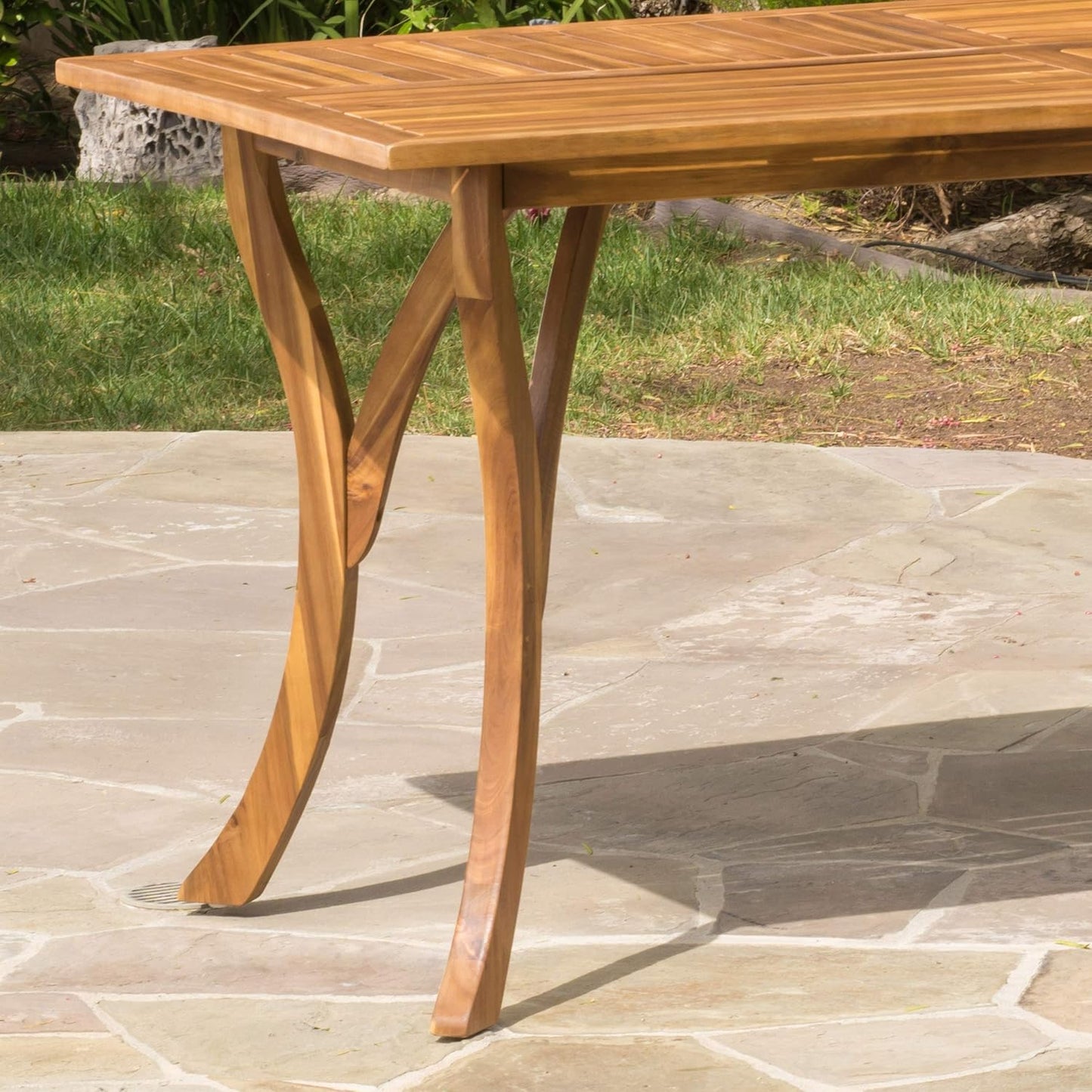 Outdoor Hermosa 7 Piece Wood Dining Set table with curved legs in natural finish by HouseOfZazla on Tampa Home & Garden Store