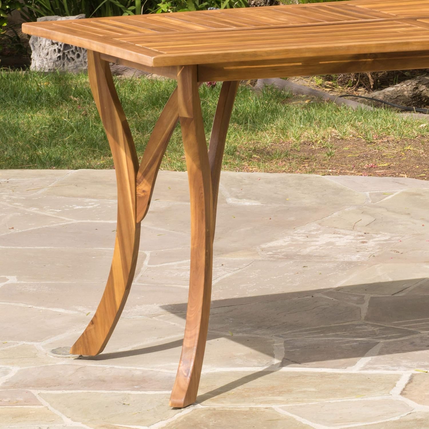 Outdoor Hermosa 7 Piece Wood Dining Set table with curved legs in natural finish by HouseOfZazla on Tampa Home & Garden Store