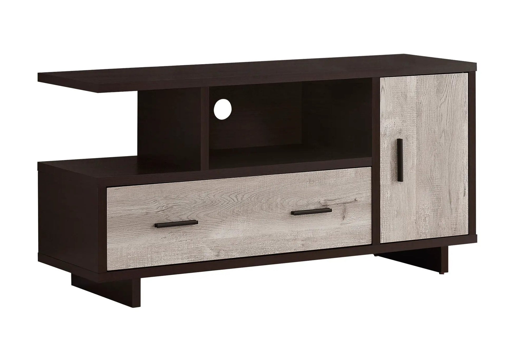 TV Stand by Unique Piece Furniture, dark brown frame with gray woodgrain drawers, open shelf on Tampa Home & Garden Store
