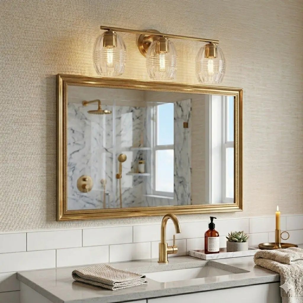 Luster 3-light vanity wall lamp in satin gold with clear glass shades above bathroom mirror on Tampa Home & Garden Store