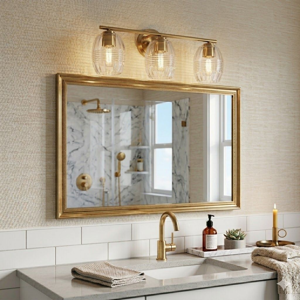Luster 3-light vanity sconce satin gold with clear glass shades above mirror HouseOfZazla on Tampa Home & Garden Store