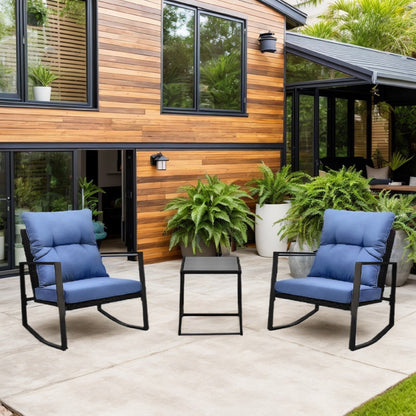 3-piece patio rocking chair set with blue cushions and black frames around a small glass table on Tampa Home & Garden Store