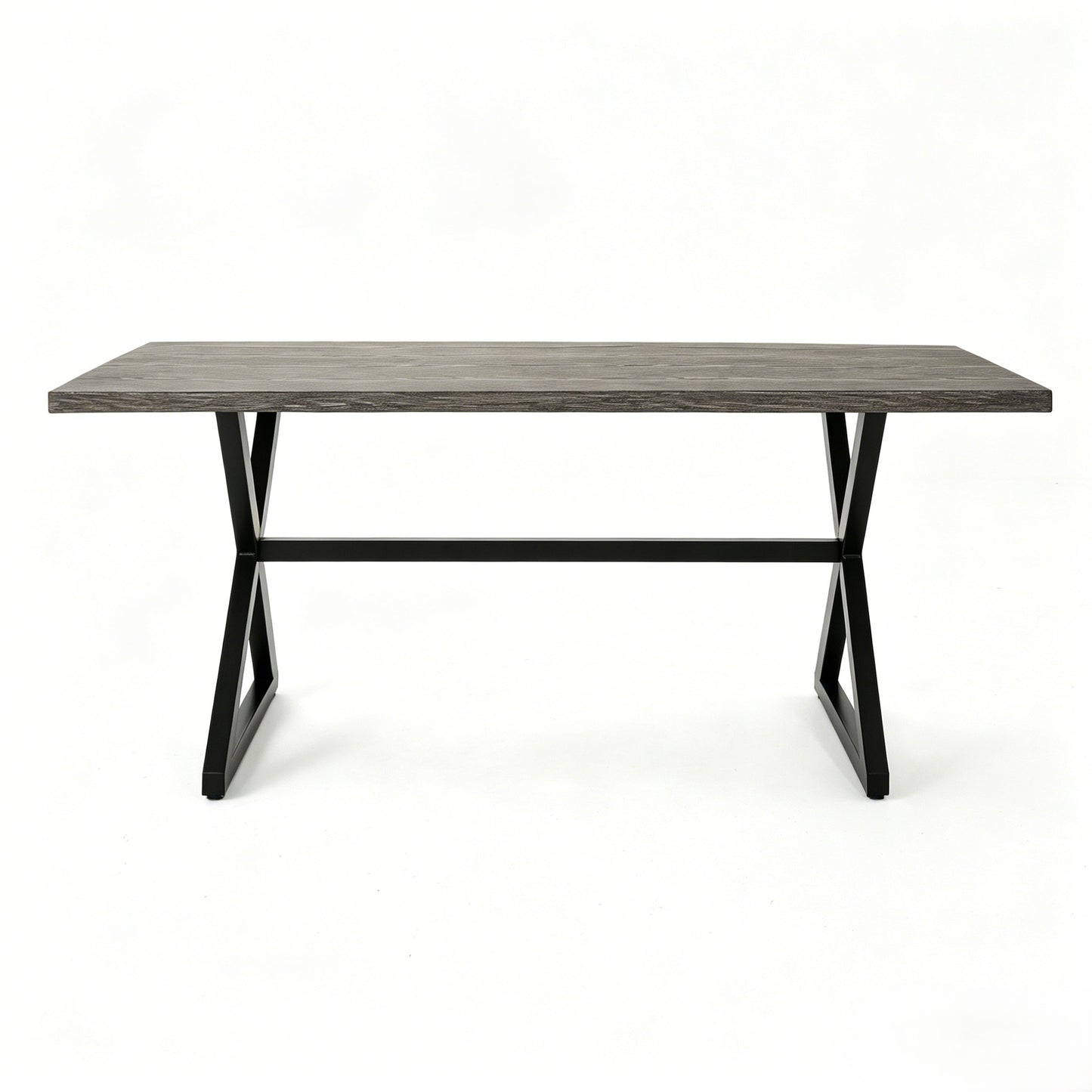 Rectangular outdoor dining table with wood-grain top and black metal legs on Tampa Home & Garden Store