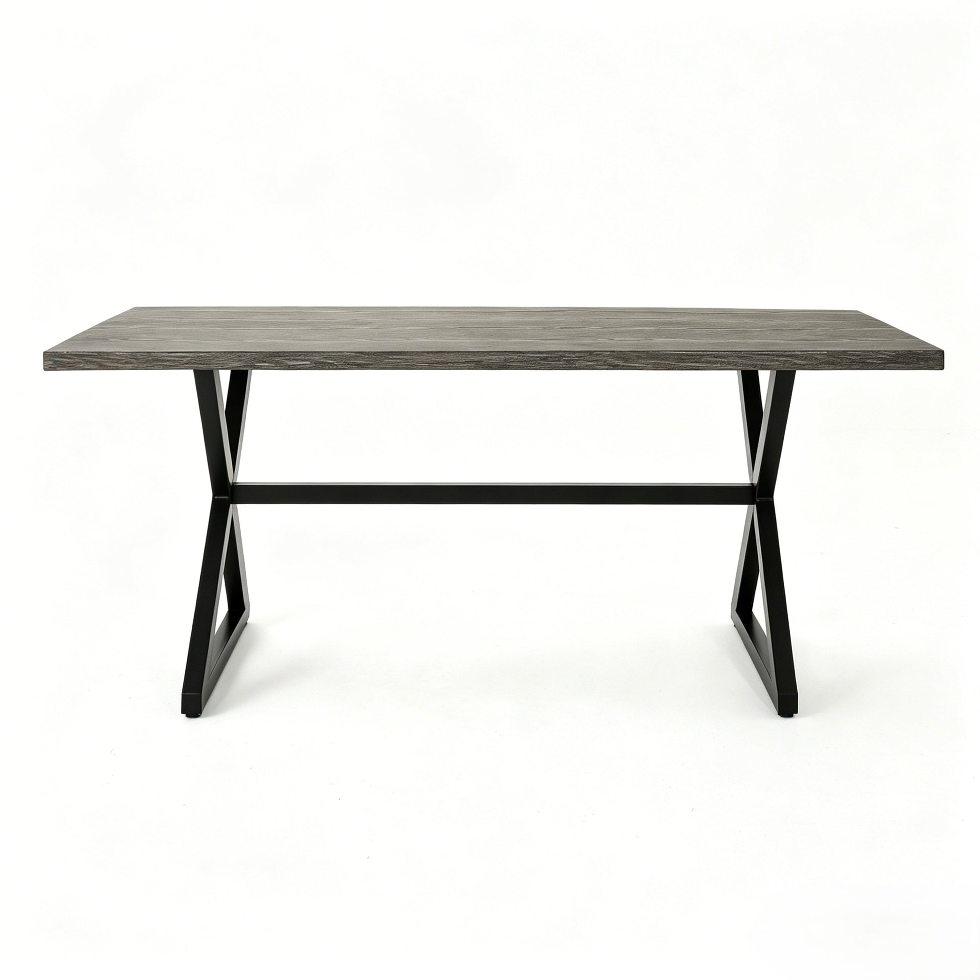Rectangular outdoor dining table with wood-grain top and black metal legs on Tampa Home & Garden Store