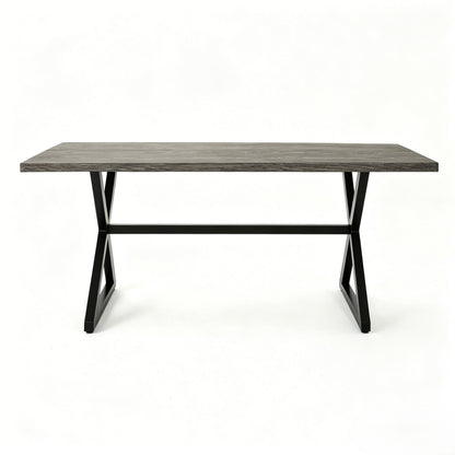 Rectangular outdoor dining table with wood-grain top and black metal legs on Tampa Home & Garden Store