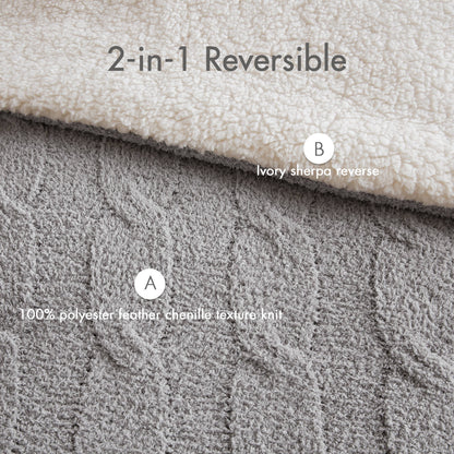 3pc f/q cable knit chenille comforter set ivory gray sherpa reverse on Tampa Home & Garden Store