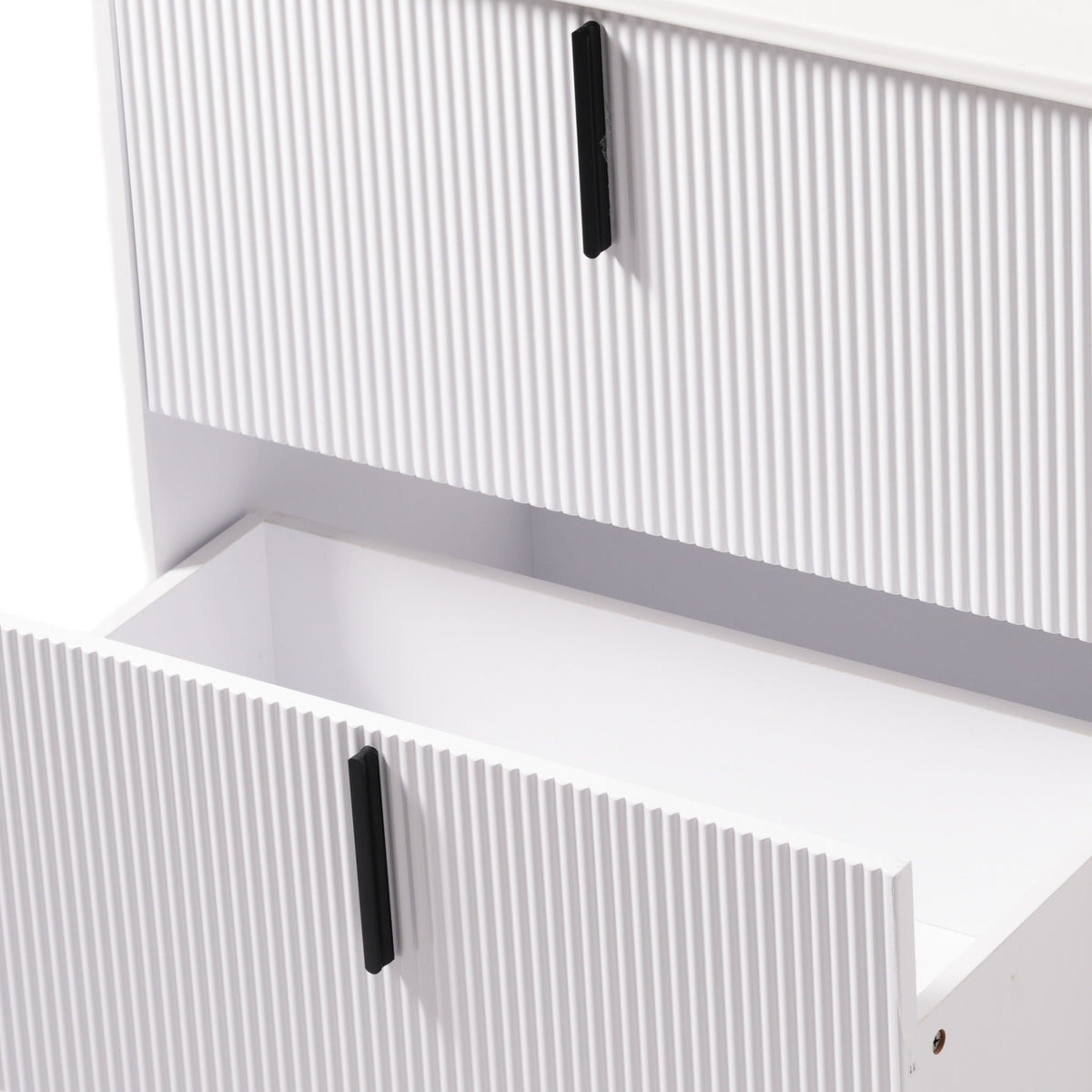 White fluted bathroom vanity cabinet with black vertical handles on Tampa Home & Garden Store