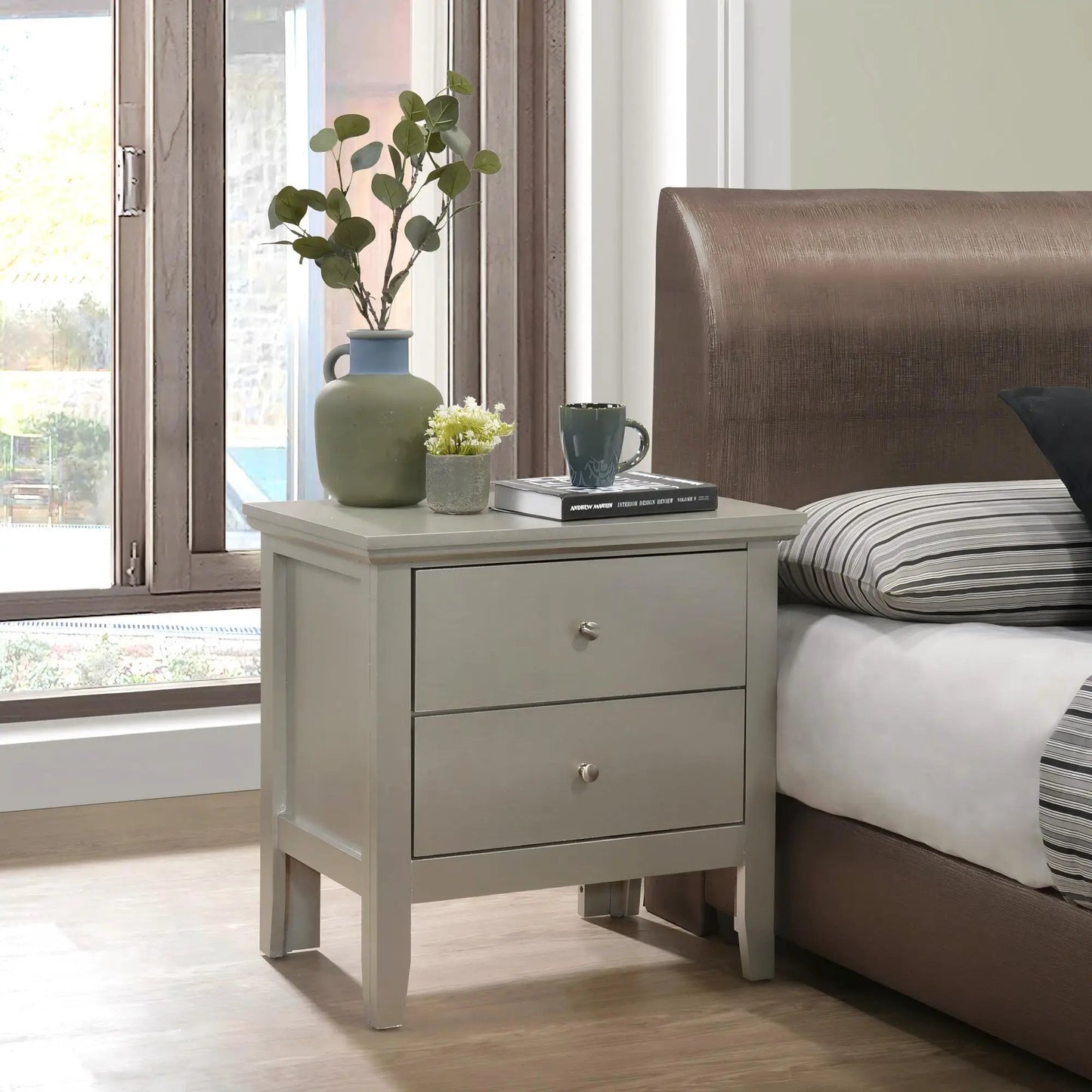 English Dovetailed Drawers Nightstand in gray finish with three drawers, bedside accent table on Tampa Home & Garden Store