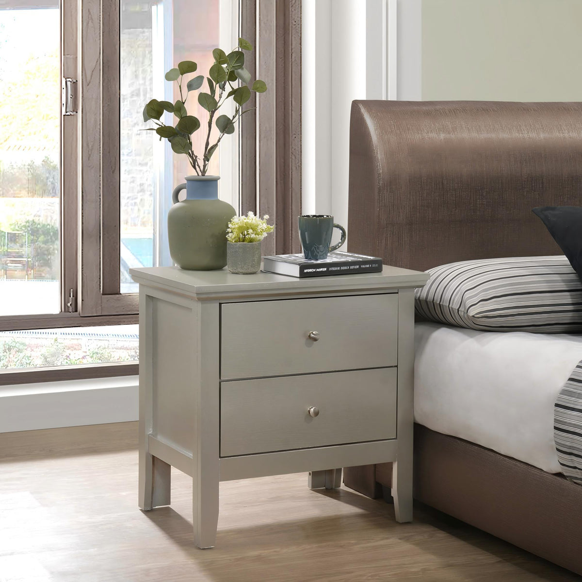 English Dovetailed Drawers Nightstand gray finish with nickel hardware, 3-drawer accent on Tampa Home & Garden Store