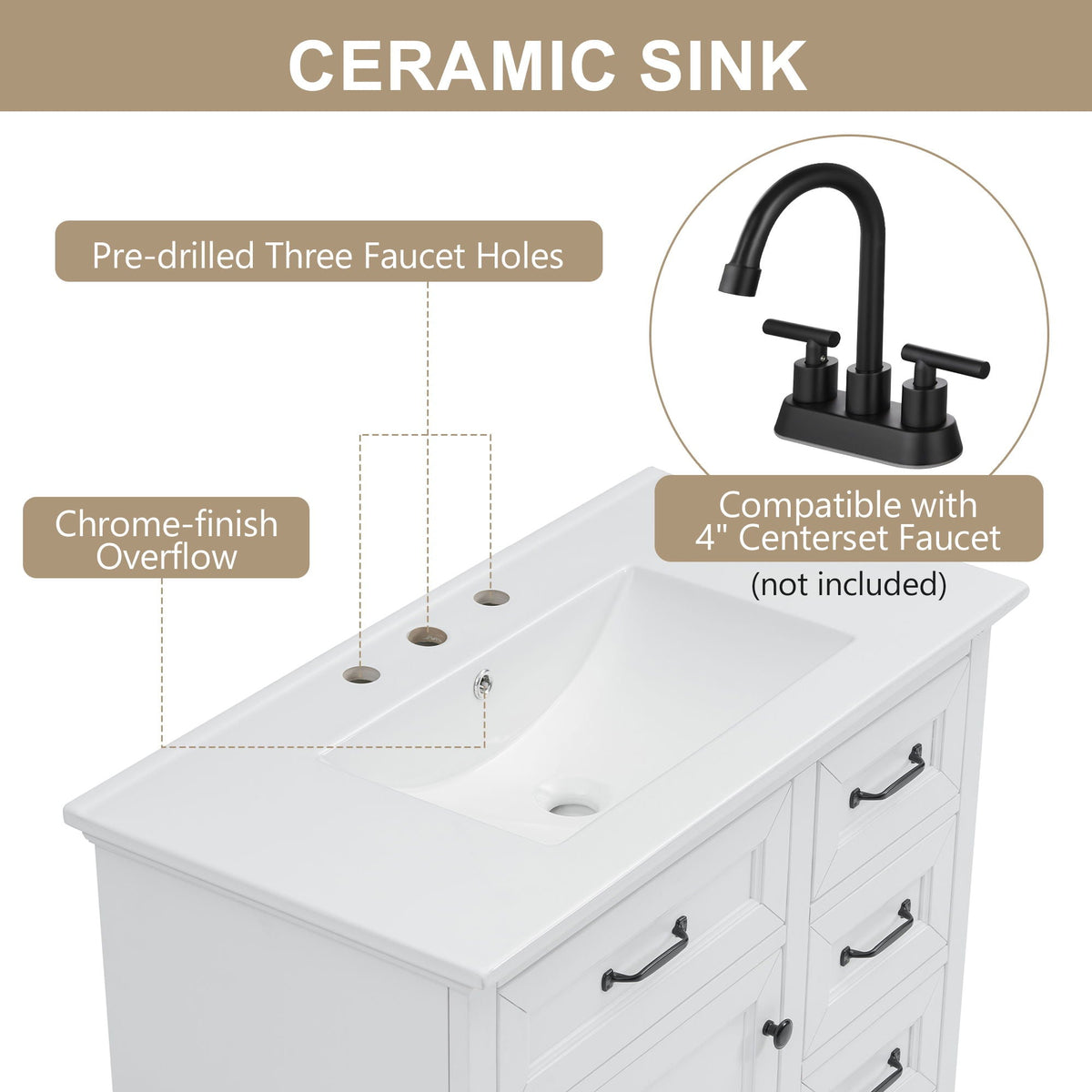 36in white bathroom vanity with ceramic sink by HouseOfZazla, pre-drilled three faucet holes on Tampa Home & Garden Store