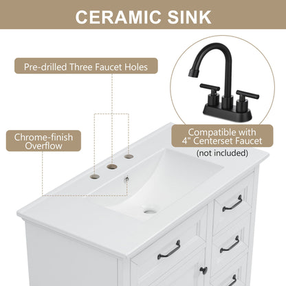 36in white bathroom vanity with ceramic sink by HouseOfZazla, pre-drilled three faucet holes on Tampa Home & Garden Store