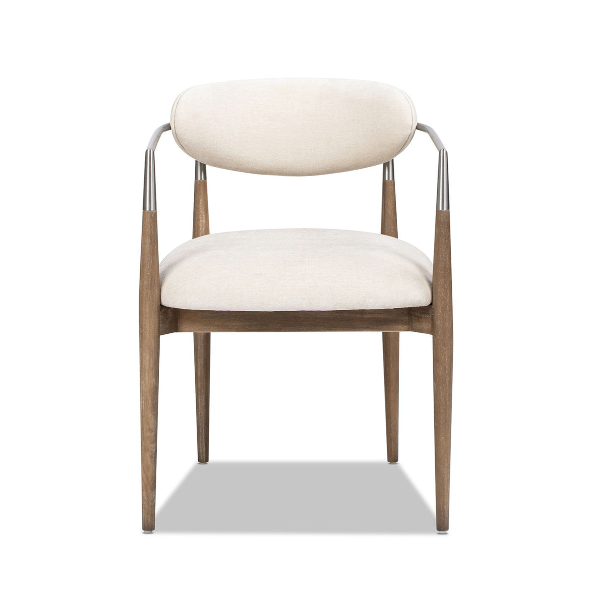 Artemis upholstered dining arm chair with warm white fabric and brushed nickel arms on Tampa Home & Garden Store