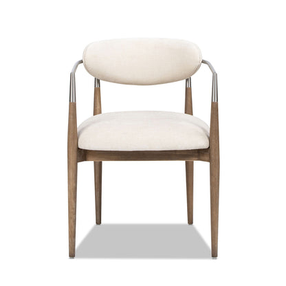 Artemis upholstered dining arm chair with warm white fabric and brushed nickel arms on Tampa Home & Garden Store