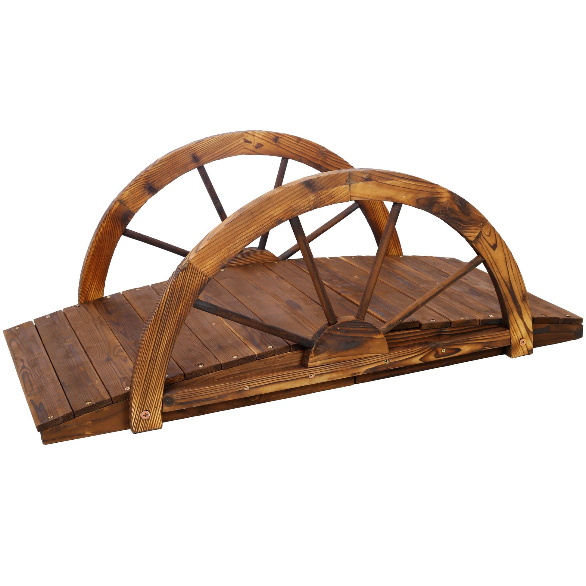 Wooden garden bridge arc footbridge with half-wheel railings in brown solid fir wood on Tampa Home & Garden Store