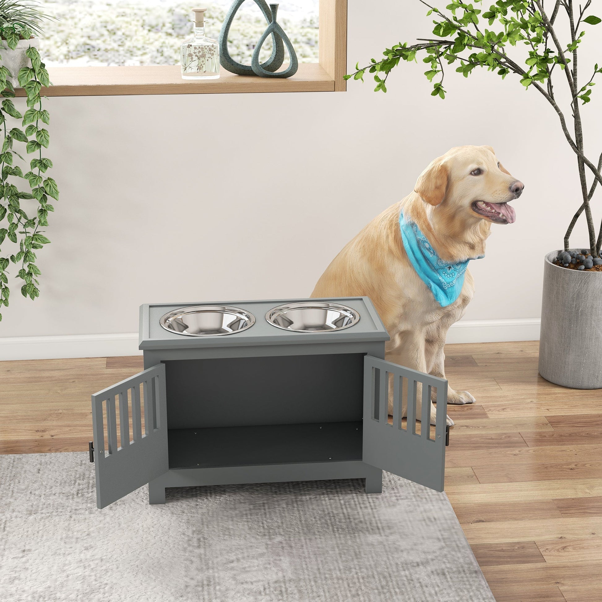 PawHut large elevated dog bowls with storage cabinet in gray, dual stainless bowls on Tampa Home & Garden Store