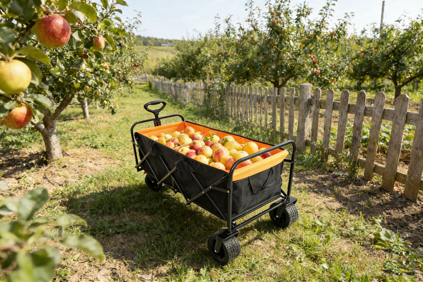 Big Folding Wagon Cart Extender in black orange, HouseOfZazla orchard haul with apples on Tampa Home & Garden Store