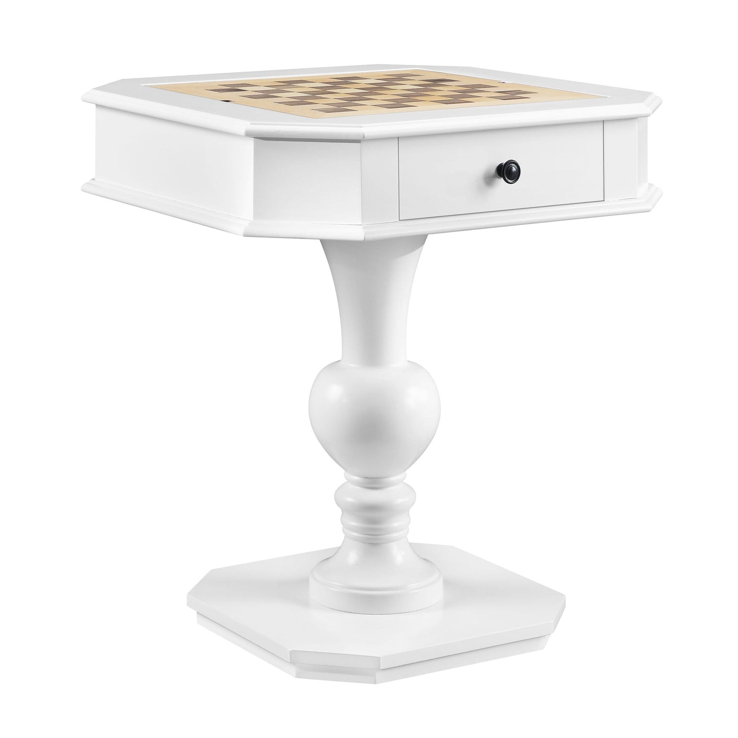 Galini Game Table by HouseOfZazla, white gaming table with chessboard top and single drawer on Tampa Home & Garden Store