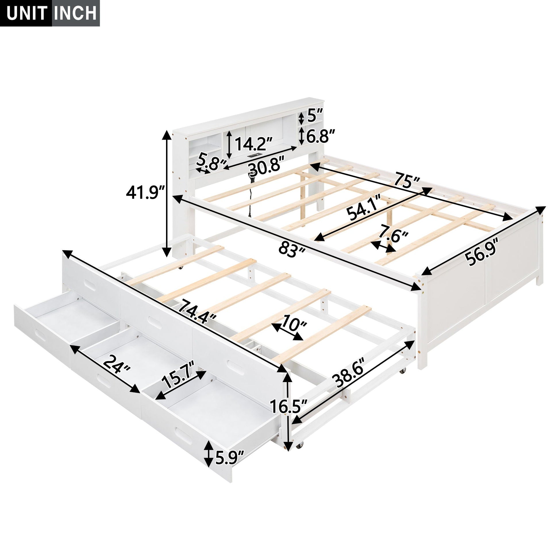Platform bed with storage headboard, USB, trundle and 3 drawers in white, HouseOfZazla on Tampa Home & Garden Store