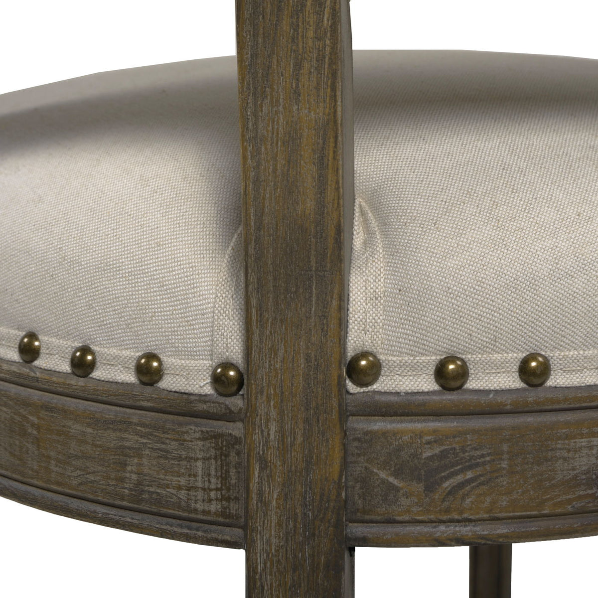 Farmhouse counter height bar stool beige upholstered seat with wood frame and nailhead trim on Tampa Home & Garden Store