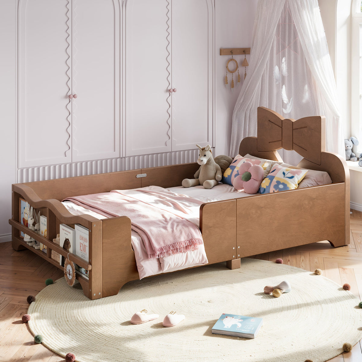 Twin size kids platform bed with surround guardrails and bookshelf white pine HouseOfZazla on Tampa Home & Garden Store