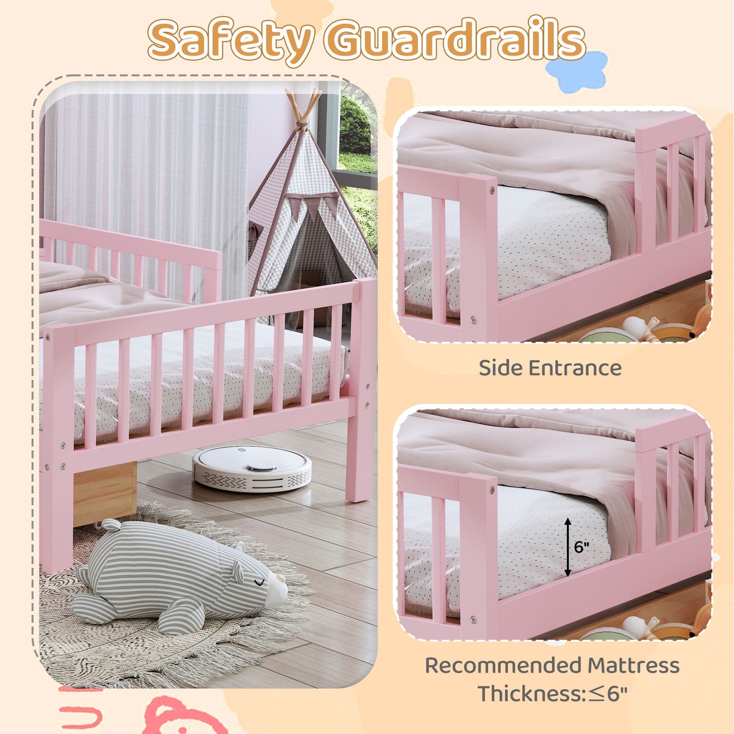 Bed with headboard storage rack, 2 underbed drawers, and 3 pink guardrails by HouseOfZazla on Tampa Home & Garden Store