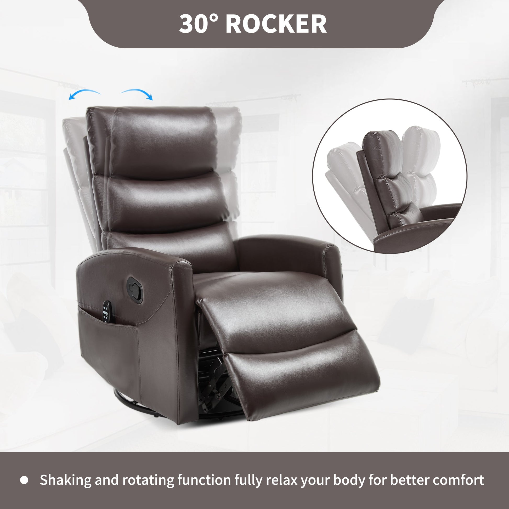 Heat Massage Manual Recliner Chair Rocker Swivel in brown leather by HouseOfZazla on Tampa Home & Garden Store