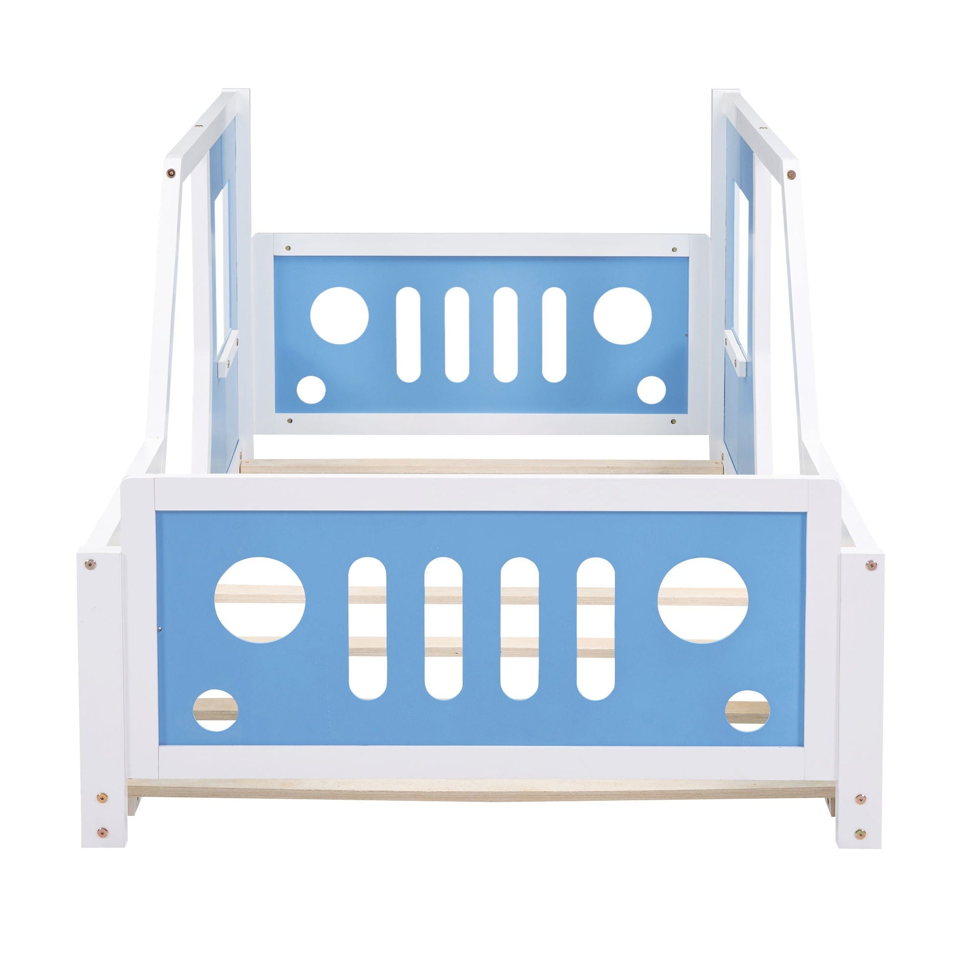 Classic Car Shaped Platform Bed with Wheels, white frame, blue panel with round cutouts on Tampa Home & Garden Store