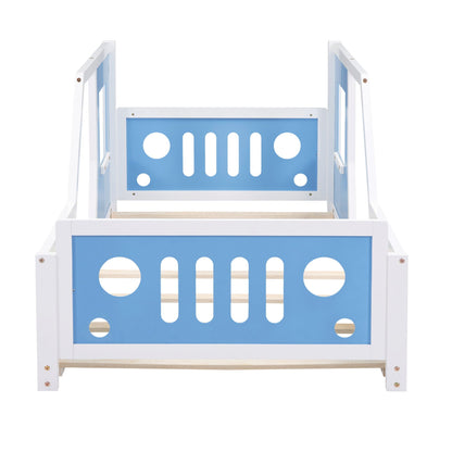 Classic Car Shaped Platform Bed with Wheels, white frame, blue panel with round cutouts on Tampa Home & Garden Store