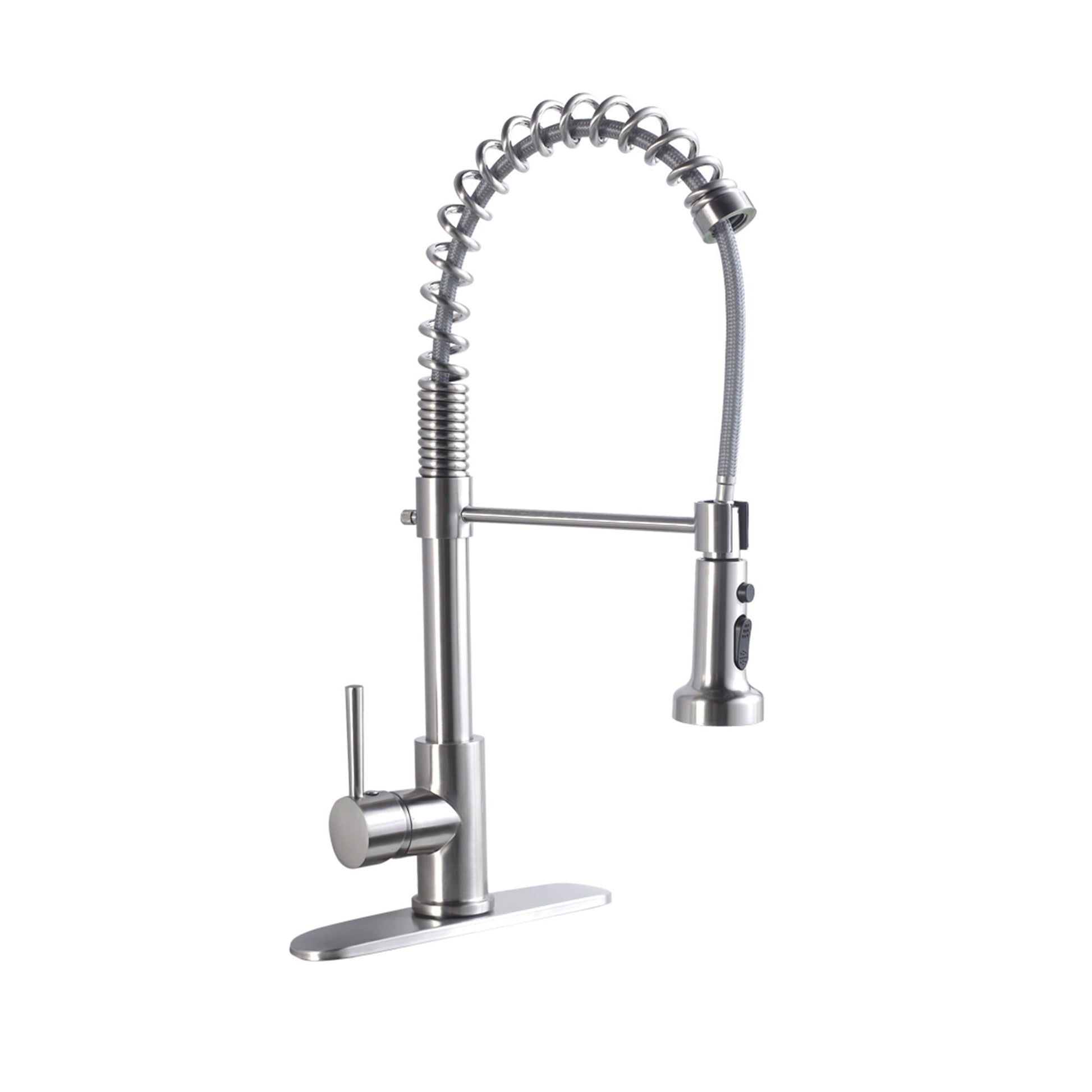 Commercial kitchen faucet with 21in dual-function pull-down sprayhead in brushed nickel on Tampa Home & Garden Store