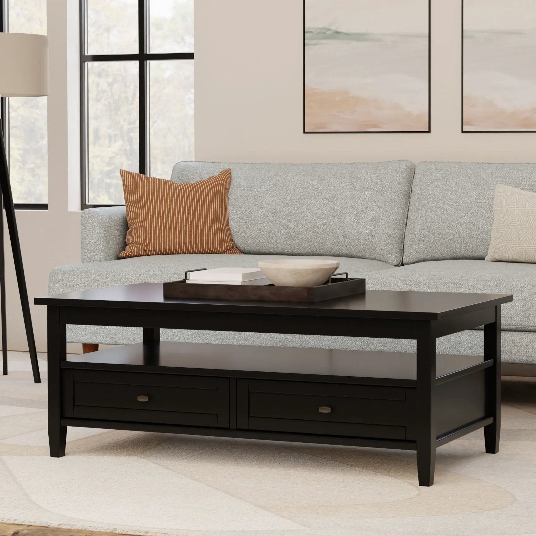 Warm Shaker handcrafted coffee table in black espresso finish with two drawers and lower shelf on Tampa Home & Garden Store