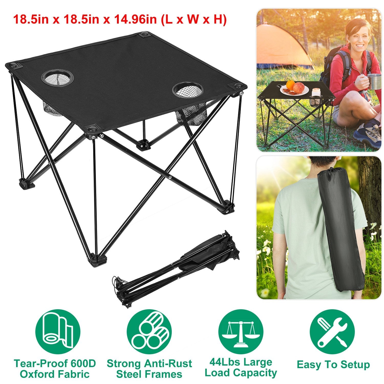 GemGear 2-piece foldable camping table set, black fabric top with 2 cup holders, with carry bag on Tampa Home & Garden Store