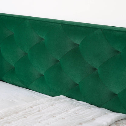 Daybed with pop up trundle and USB charging armrest in emerald green tufted upholstery on Tampa Home & Garden Store