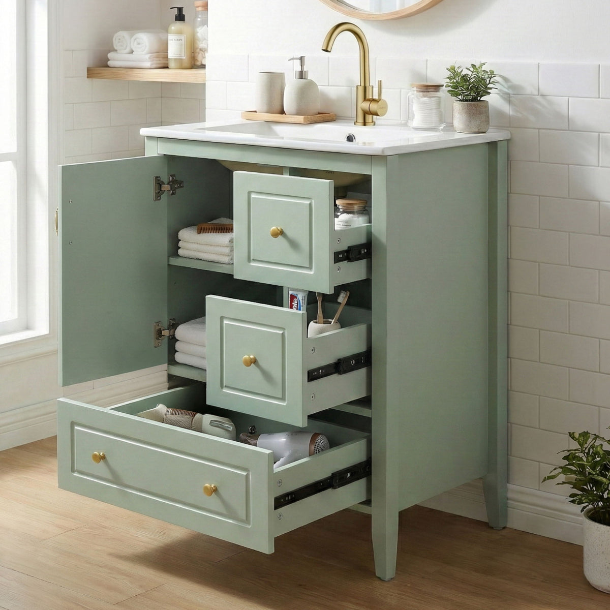 Retro bathroom vanity with ceramic sink in sage green, brass faucet and soft-closing drawers on Tampa Home & Garden Store